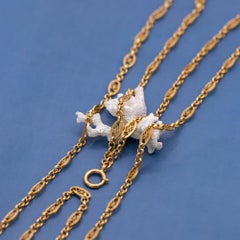 Antique 18k solid gold Sautoir - long guard necklace - rare Hollow patina floral