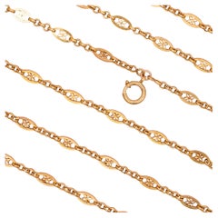 Antique 18k solid gold Sautoir - long guard necklace - rare Hollow patina floral