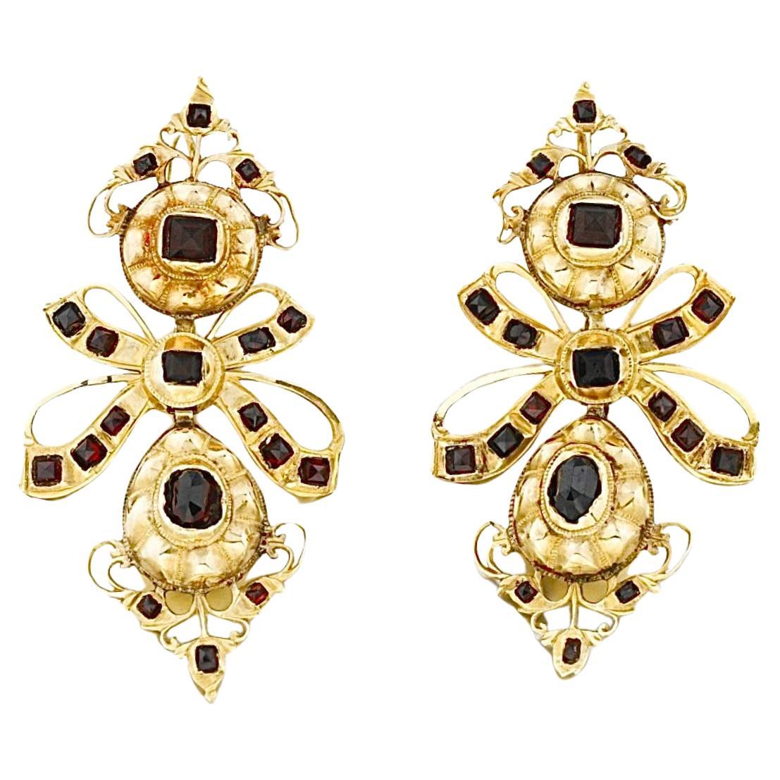 Antique 18k Spanish Gold Red Garnet Pendant Earrings 18th Century  For Sale