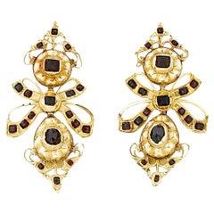 Antique 18k Spanish Gold Red Garnet Pendant Earrings 18th Century 