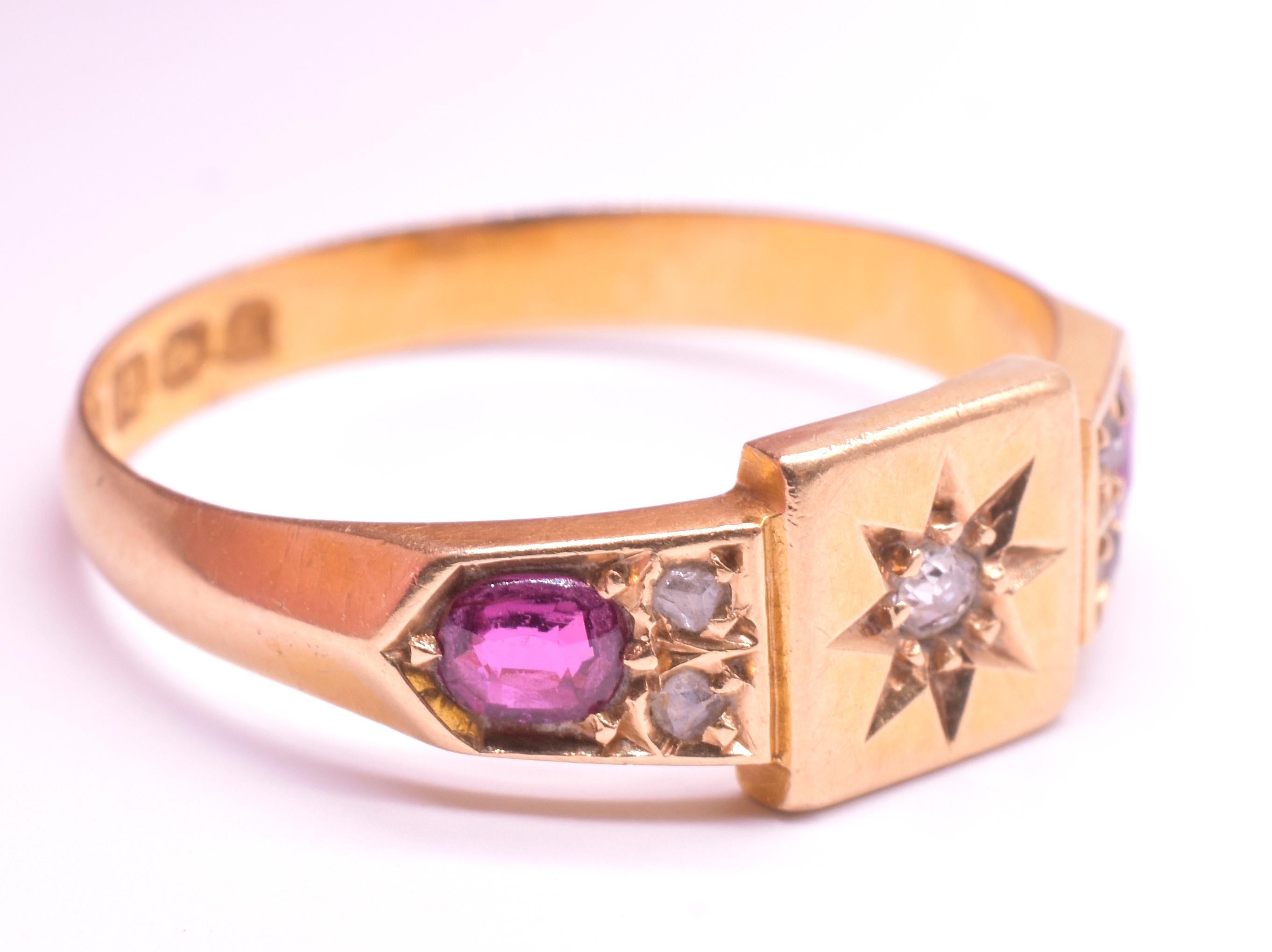 Antiker 18 Karat Rubin- und Diamantring mit Sternenbesatz, HM Birmingham, 1903 1