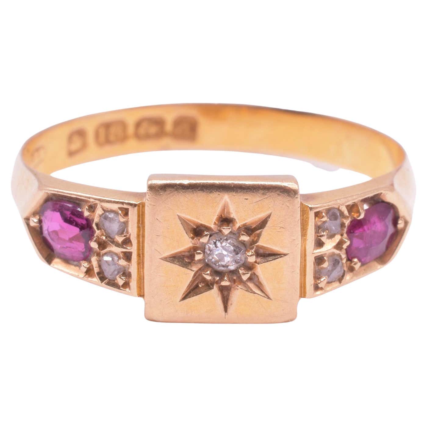 Antique 18K Star Set Ruby and Diamond Ring, HM Birmingham, 1903 For