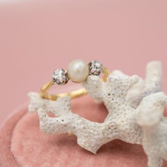 Antique 18K three stone ring - Trilogy Ring - diamonds & pearl engagement ring