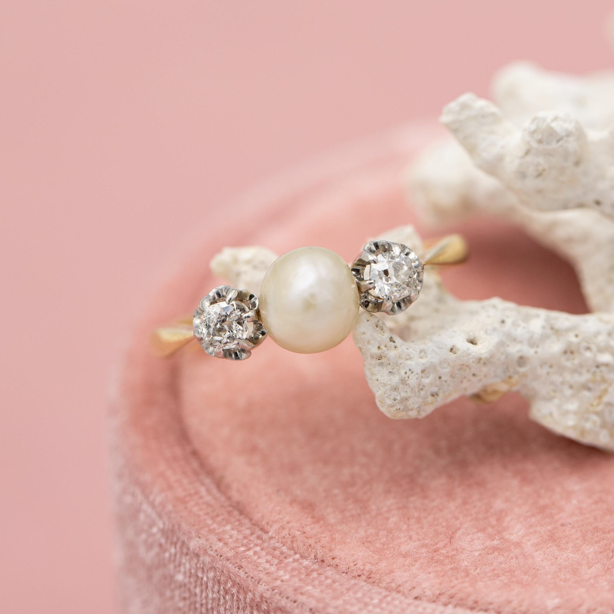 Old European Cut Antique 18K three stone ring - Trilogy Ring - diamonds & pearl engagement ring