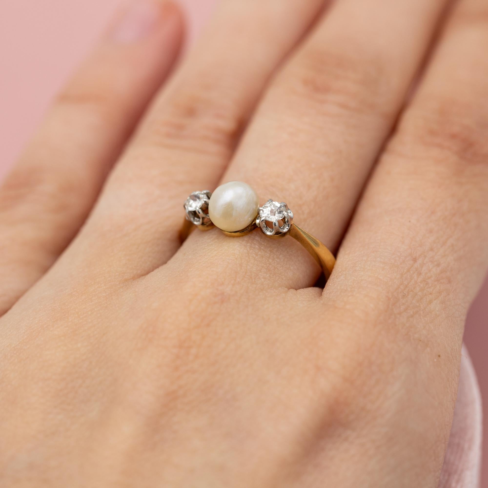 Women's or Men's Antique 18K three stone ring - Trilogy Ring - diamonds & pearl engagement ring