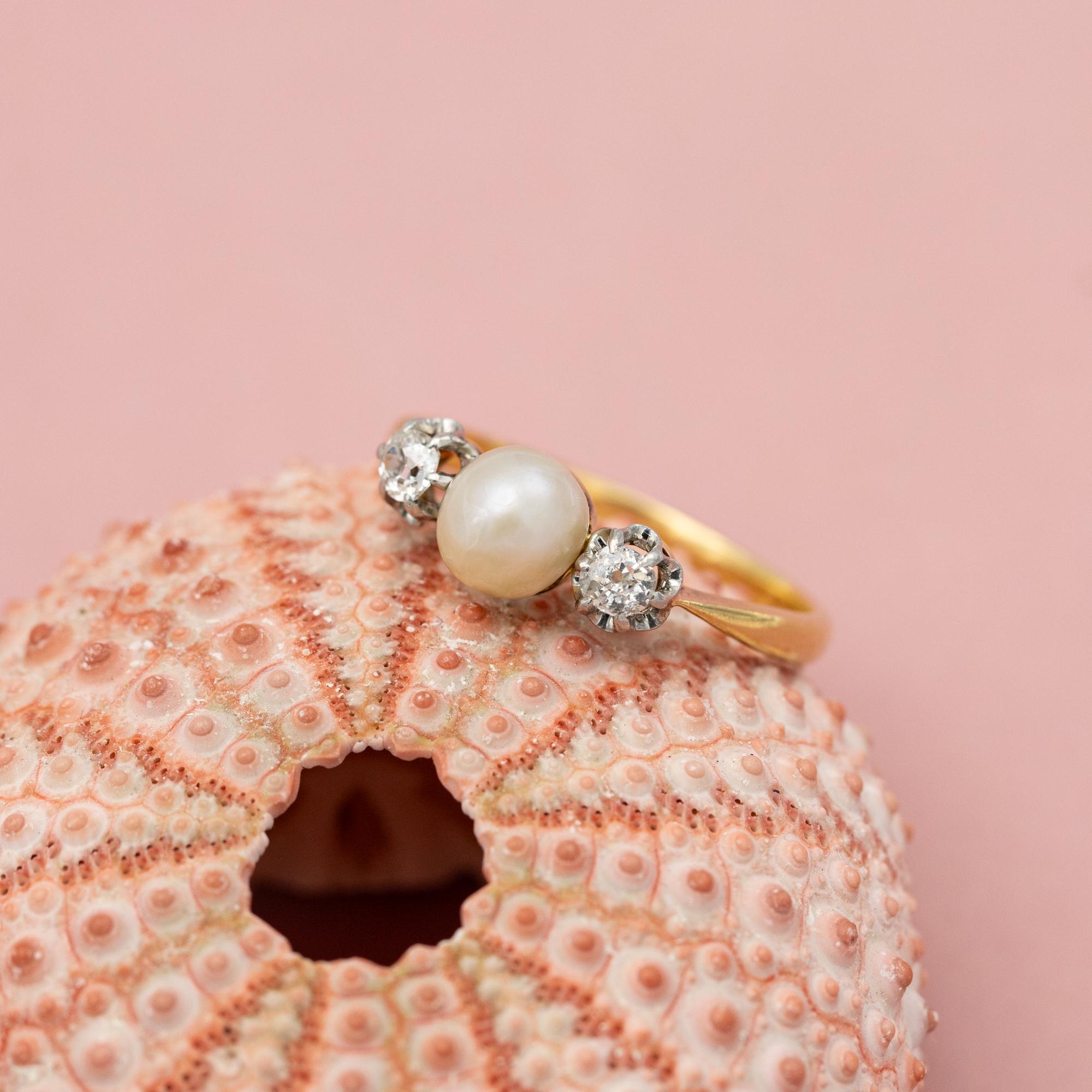 Antique 18K three stone ring - Trilogy Ring - diamonds & pearl engagement ring 1