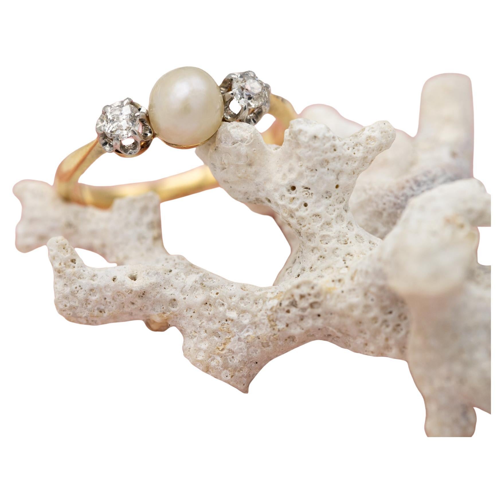 Antique 18K three stone ring - Trilogy Ring - diamonds & pearl engagement ring