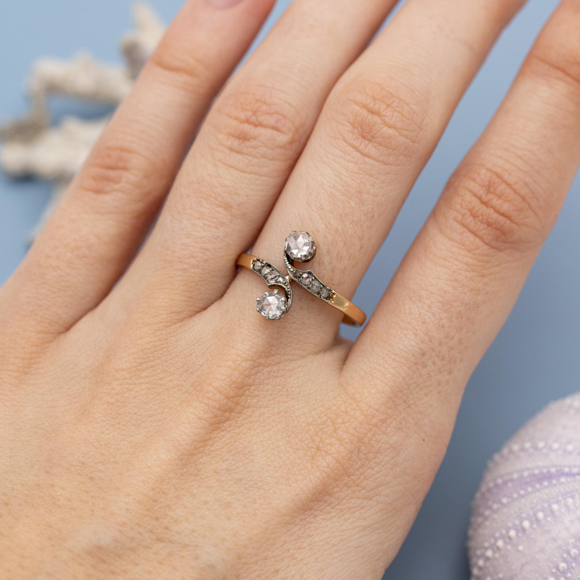 Women's or Men's Antique 18K Toi et Moi ring - love ring - natural rose cut diamonds - engagement