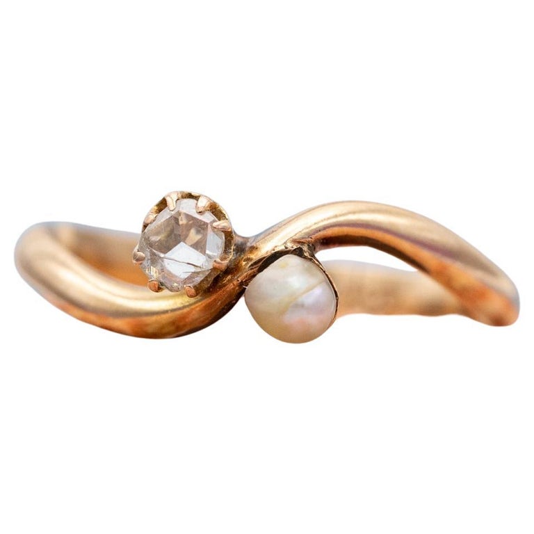 Bague Ancienne 'Toi Et Moi' En Or 18k - Diamants Rose Cut, Taille 54, Style Engagement Vintage