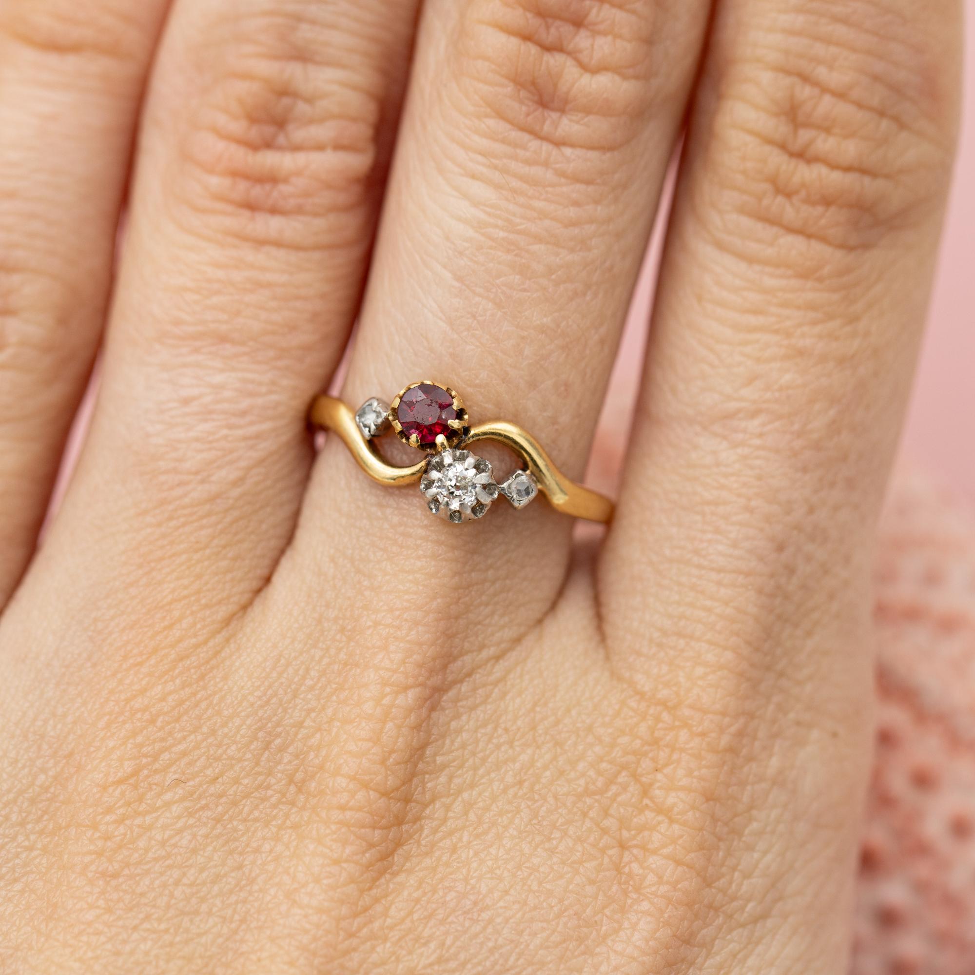 Old European Cut Antique 18K Toi et Moi ring, natural diamonds and ruby - you & I engagement ring