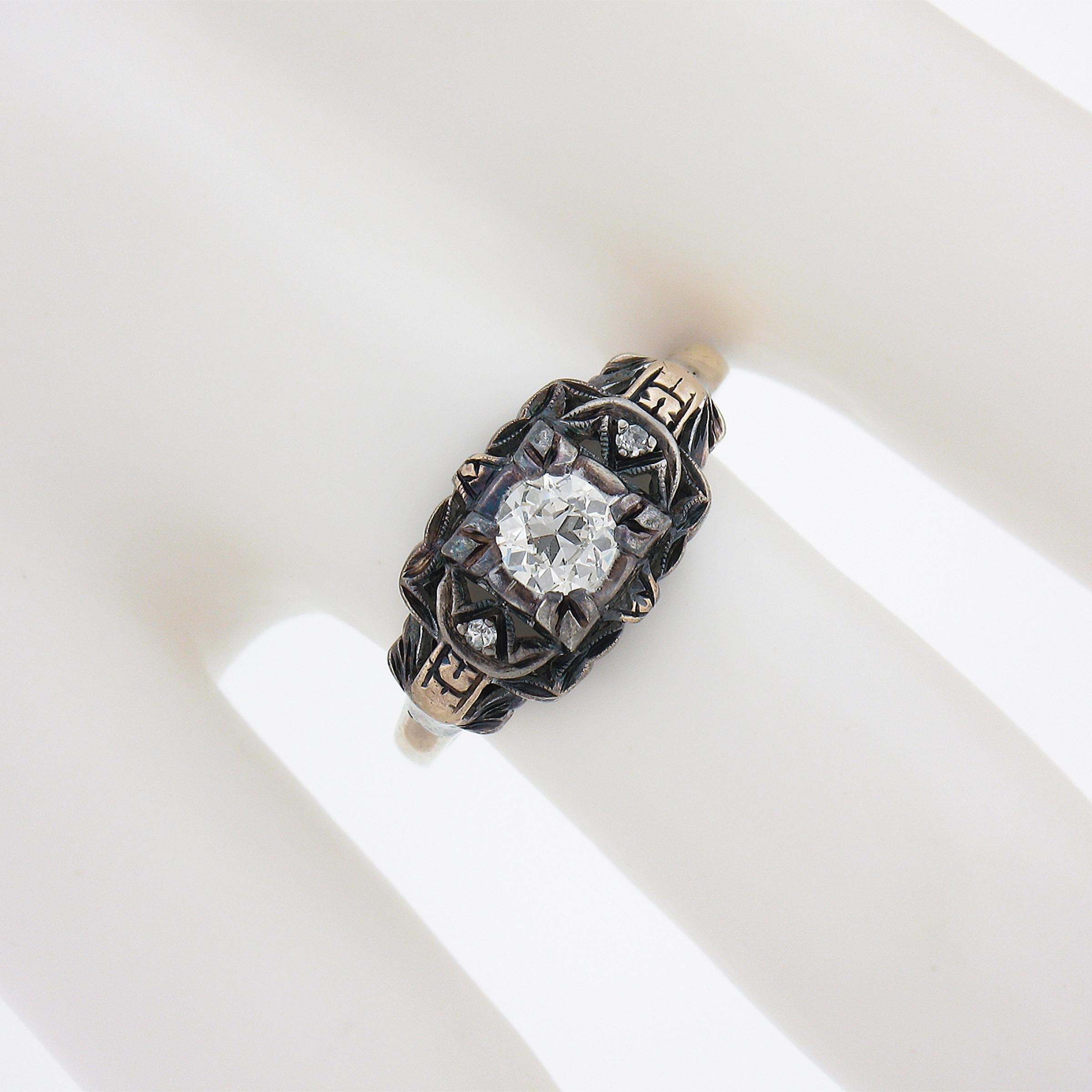 Women's Antique 18k TT Gold 0.37ctw Old European Cut Diamond Floral Open Milgrain Ring For Sale
