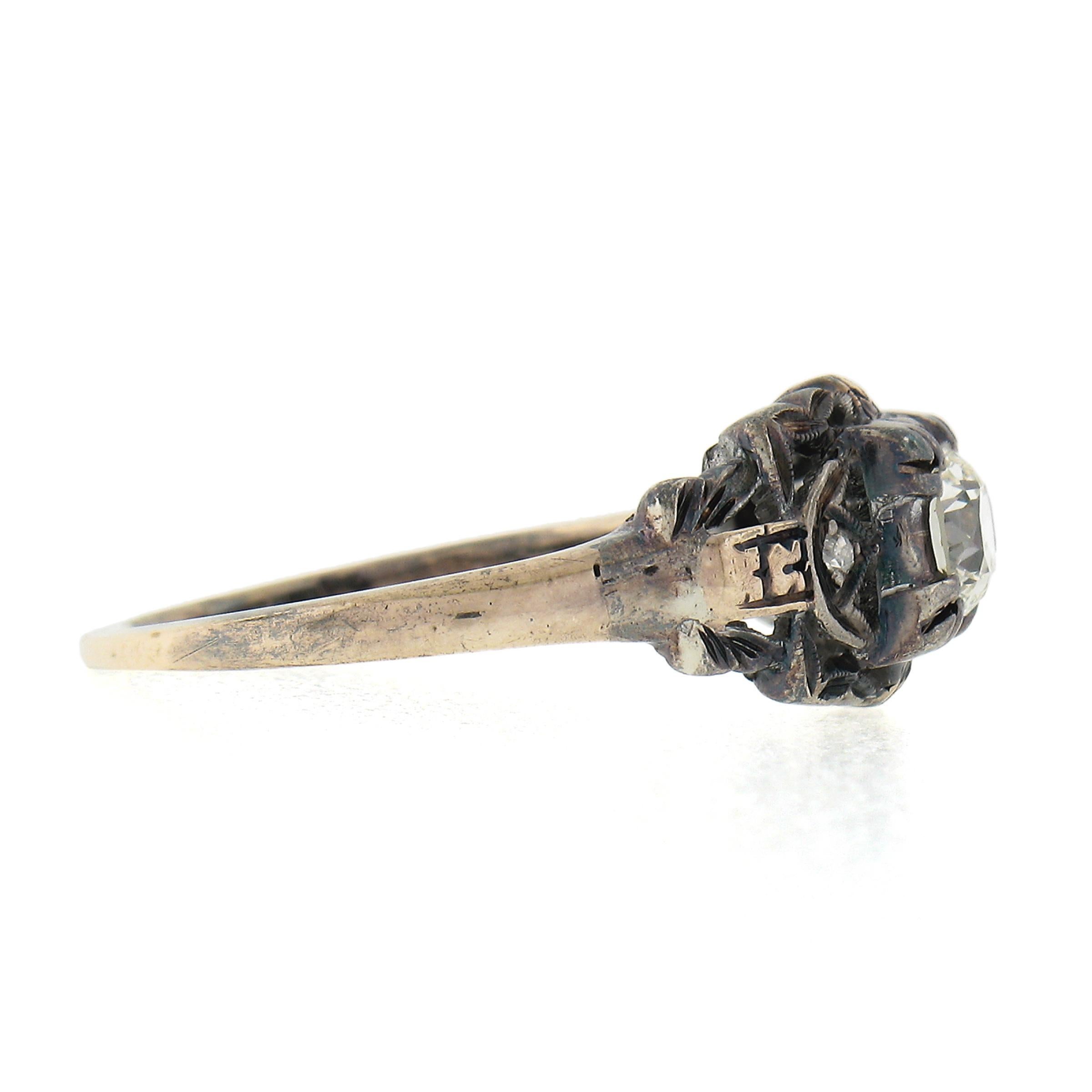 Antique 18k TT Gold 0.37ctw Old European Cut Diamond Floral Open Milgrain Ring For Sale 1