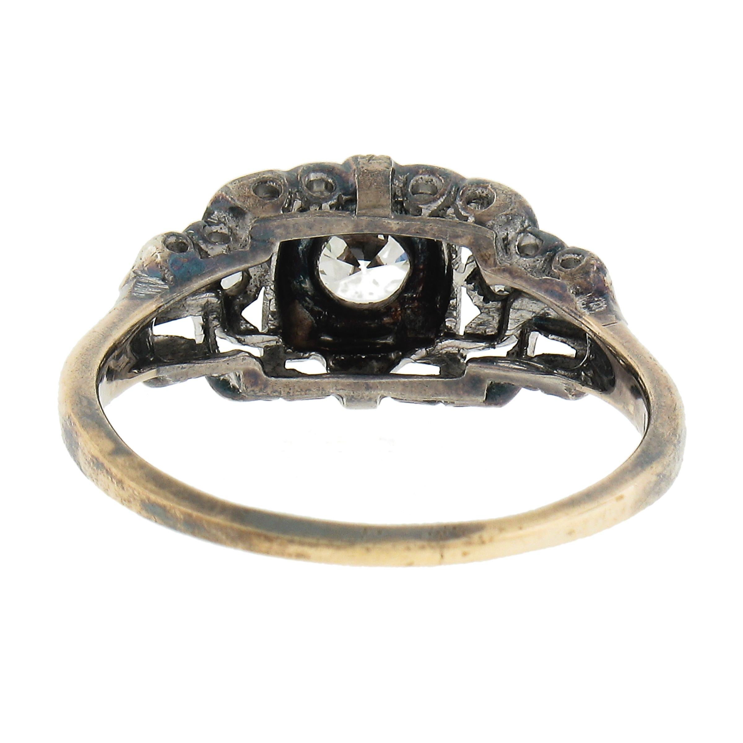 Antique 18k TT Gold 0.37ctw Old European Cut Diamond Floral Open Milgrain Ring For Sale 3