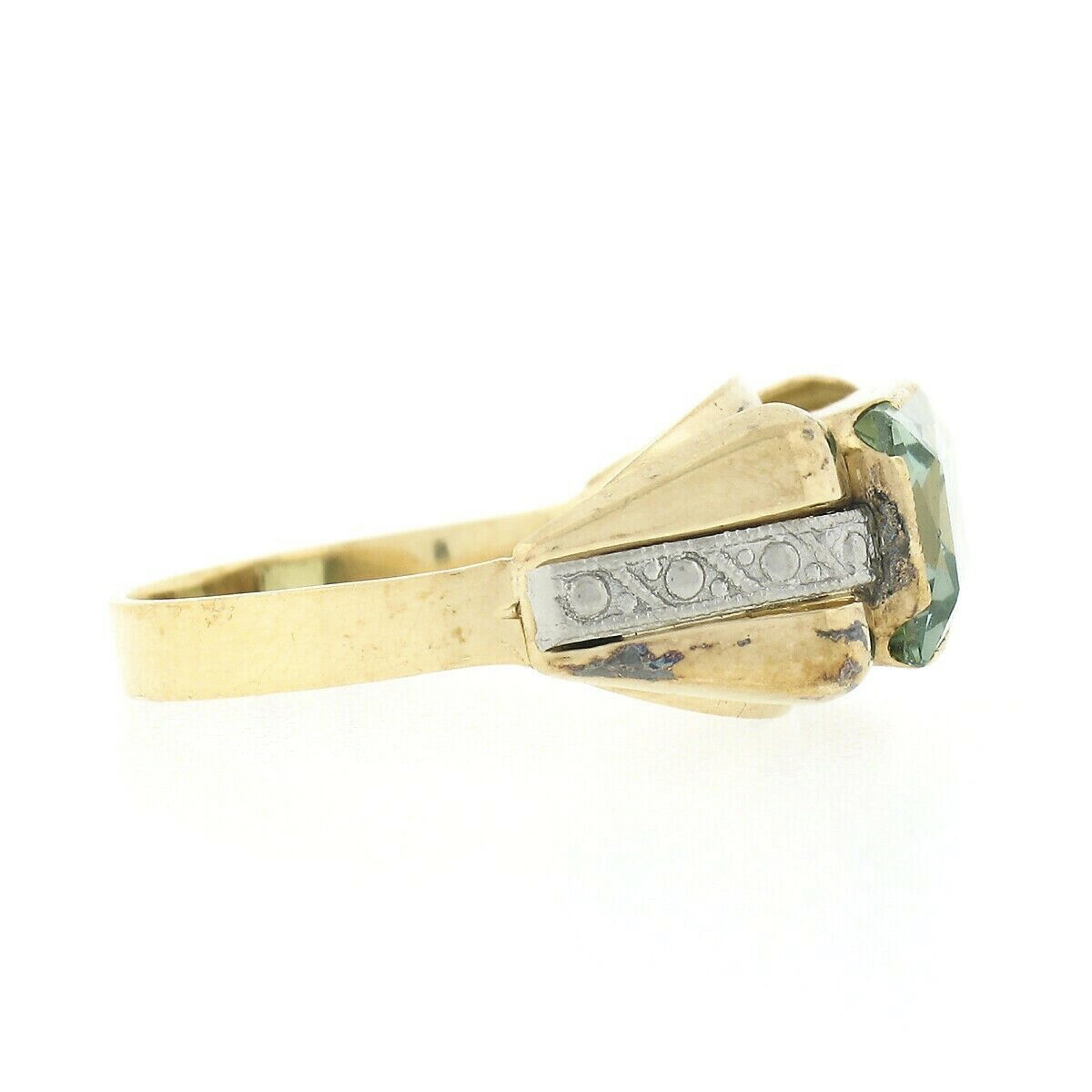 Emerald Cut Antique 18K TT Gold 2.35ctw Rectangular Green Amethyst Prasiolite Solitaire Ring