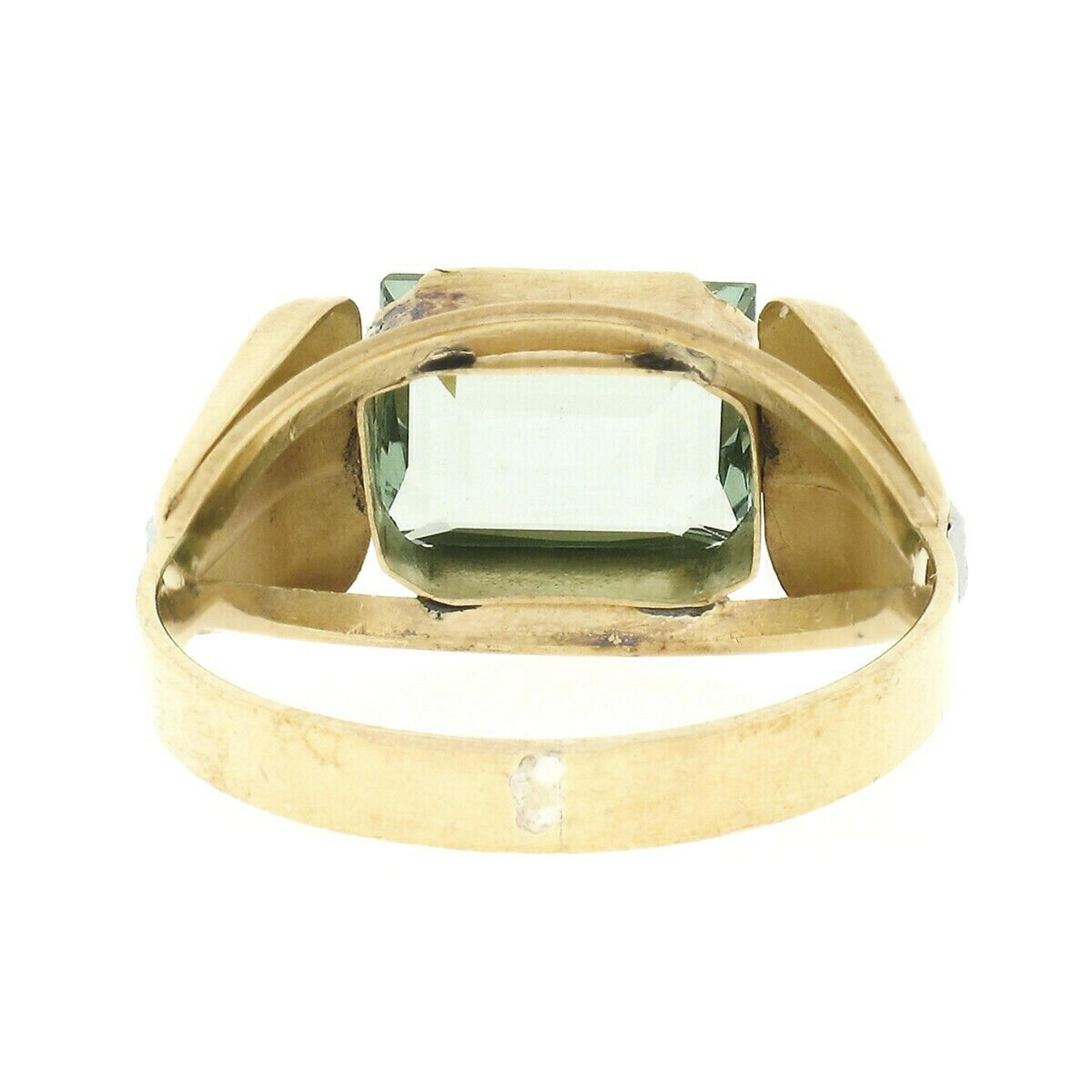Antique 18K TT Gold 2.35ctw Rectangular Green Amethyst Prasiolite Solitaire Ring In Good Condition In Montclair, NJ