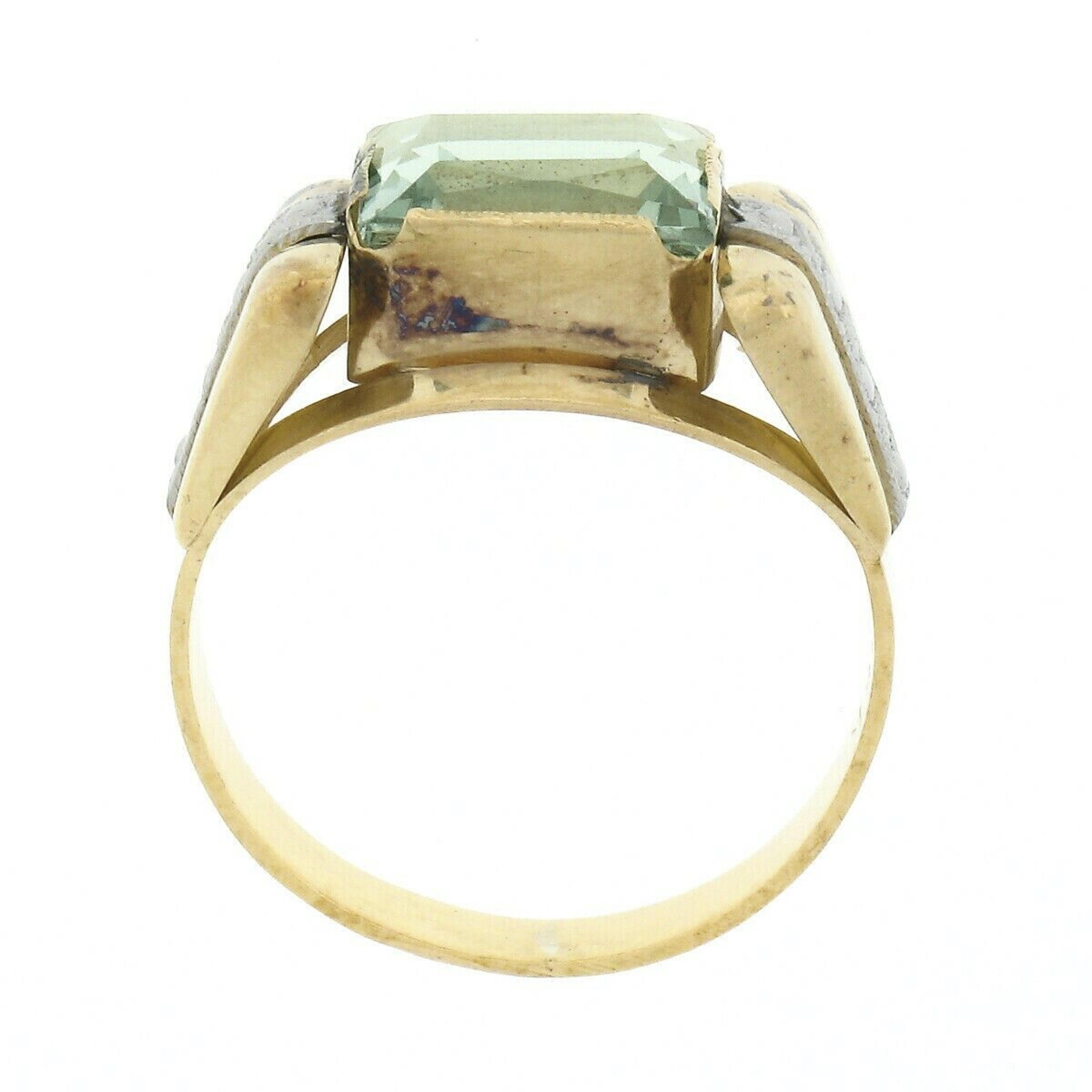 Women's or Men's Antique 18K TT Gold 2.35ctw Rectangular Green Amethyst Prasiolite Solitaire Ring