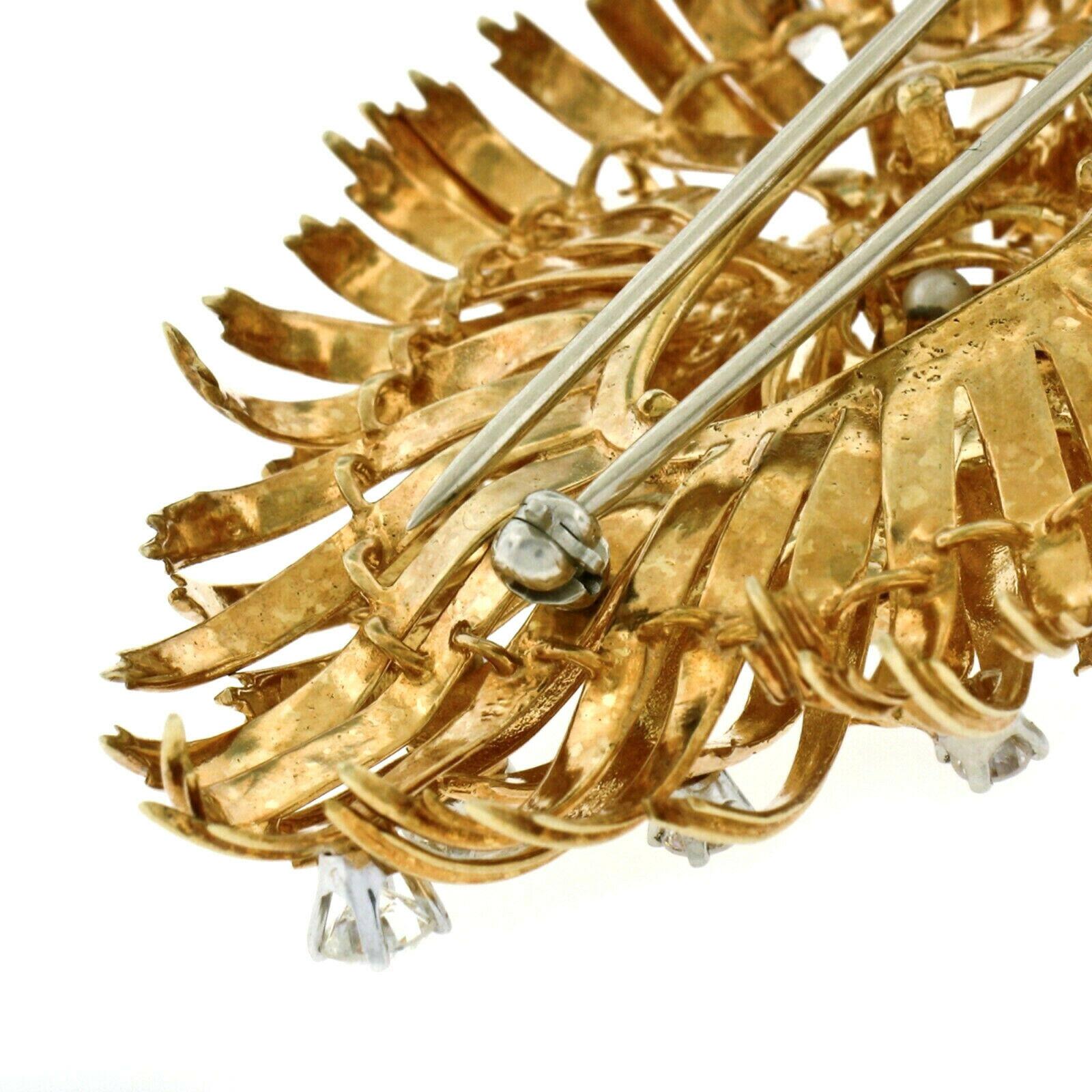 Women's or Men's 18 Karat TT Gold 3.29ct Old Cut Diamond En Tremblant Etched Acorn Brooch Pin For Sale
