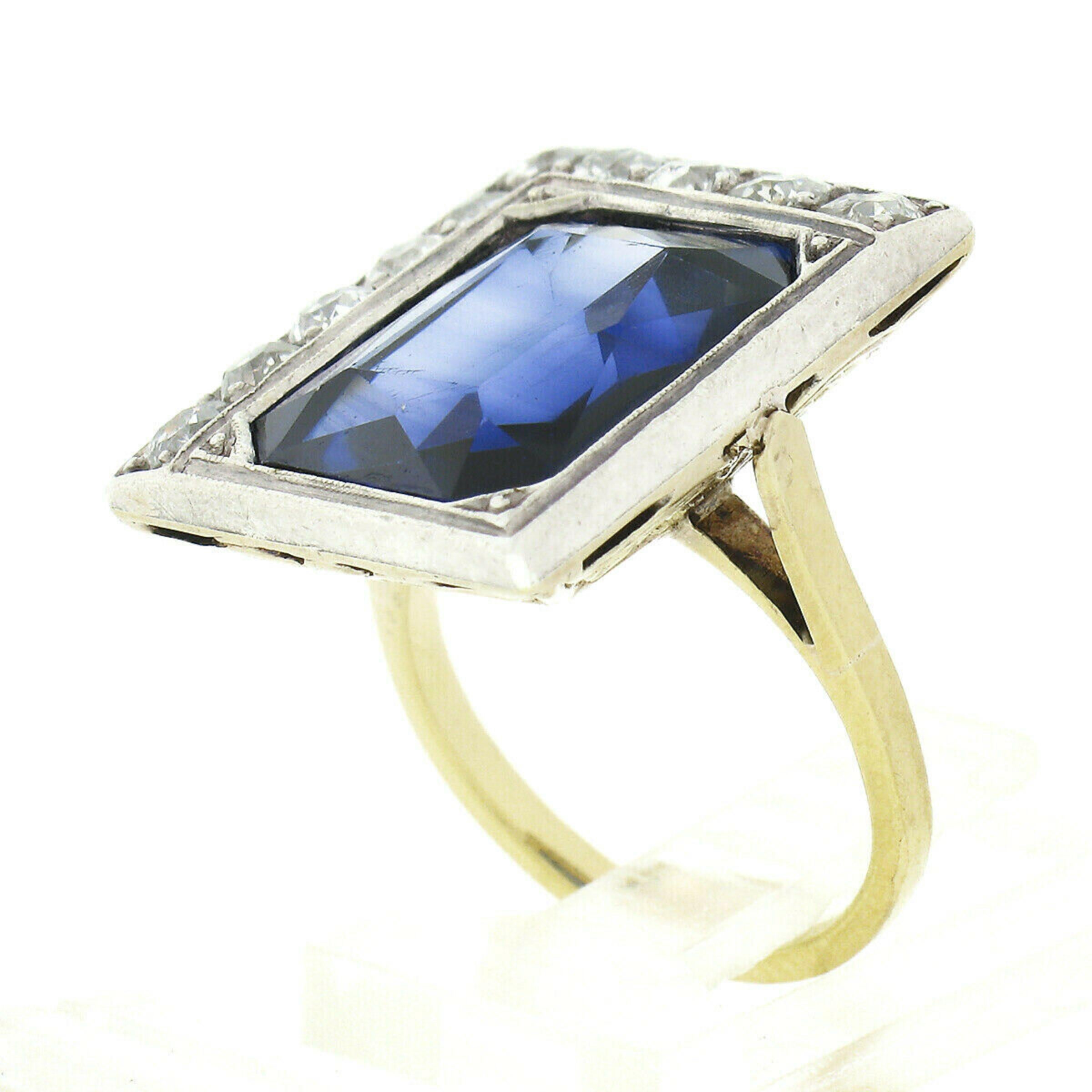 Art Deco Antique 18K TT Gold Bezel Blue Stone 1.1ctw Old Mine Cut Diamond Platter Ring For Sale