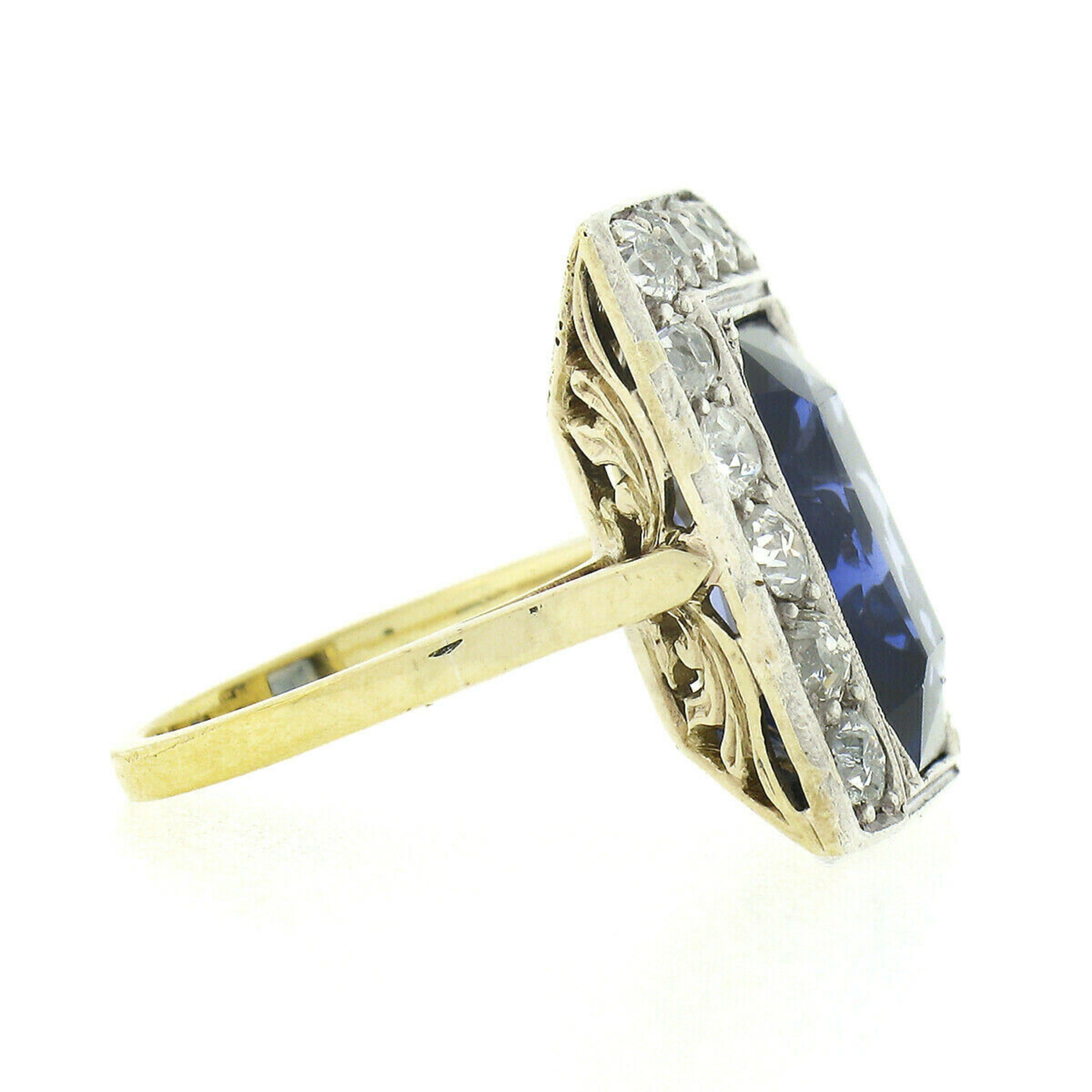 Antique 18K TT Gold Bezel Blue Stone 1.1ctw Old Mine Cut Diamond Platter Ring For Sale 1