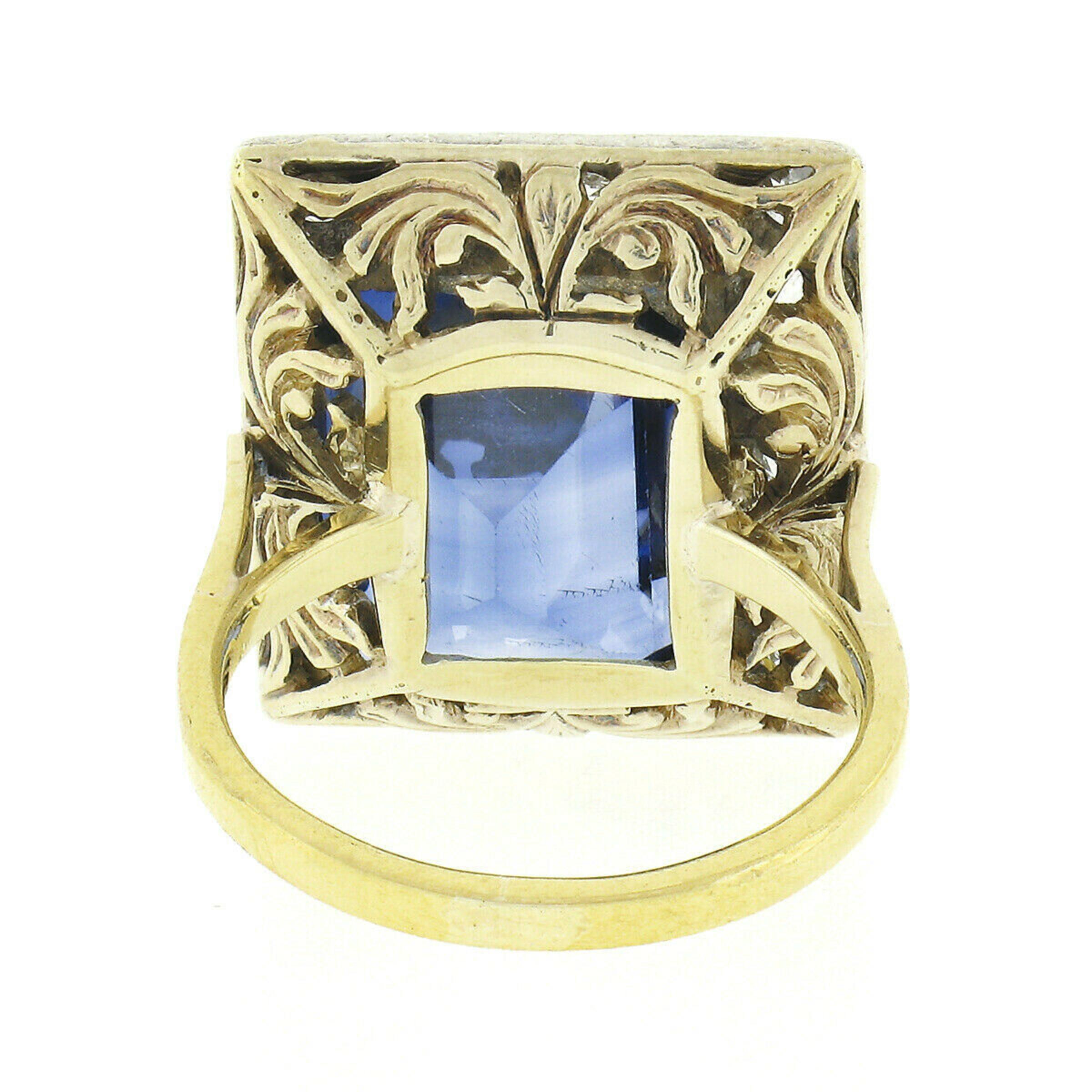 Antique 18K TT Gold Bezel Blue Stone 1.1ctw Old Mine Cut Diamond Platter Ring For Sale 2