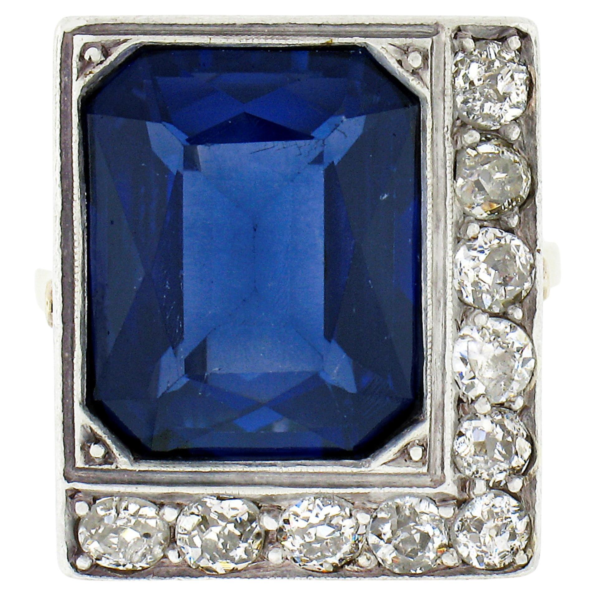 Antique 18K TT Gold Bezel Blue Stone 1.1ctw Old Mine Cut Diamond Platter Ring For Sale