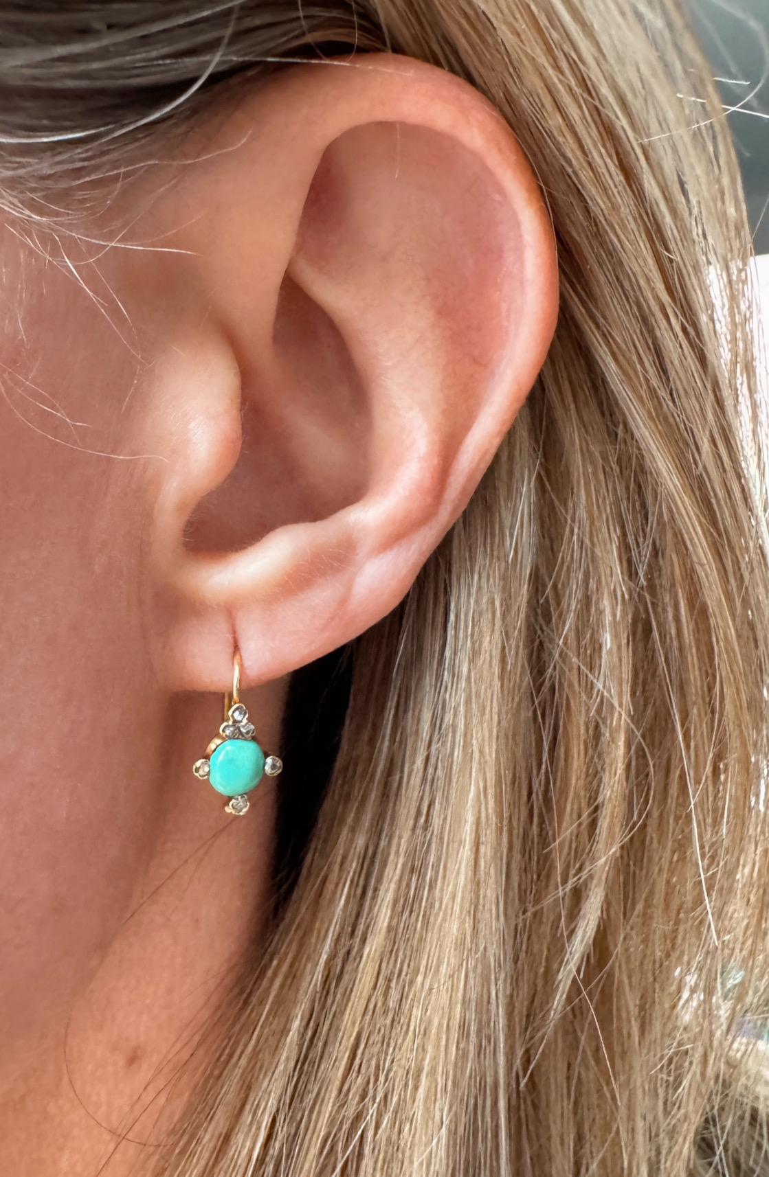 Antique 18K Turquoise and Rose Cut Diamond Dormeuse Earrings In Good Condition For Sale In Hummelstown, PA