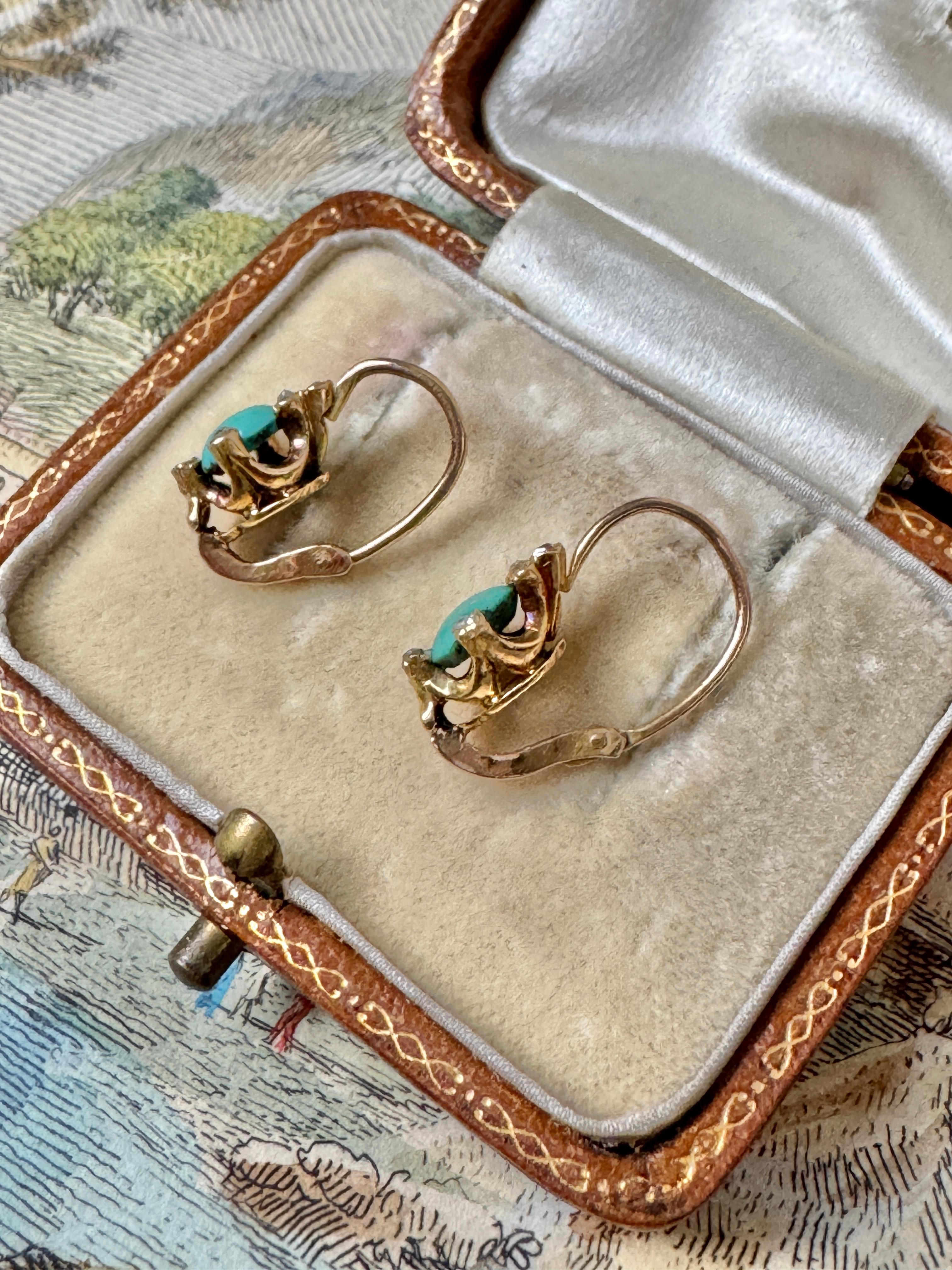 Women's Antique 18K Turquoise and Rose Cut Diamond Dormeuse Earrings For Sale