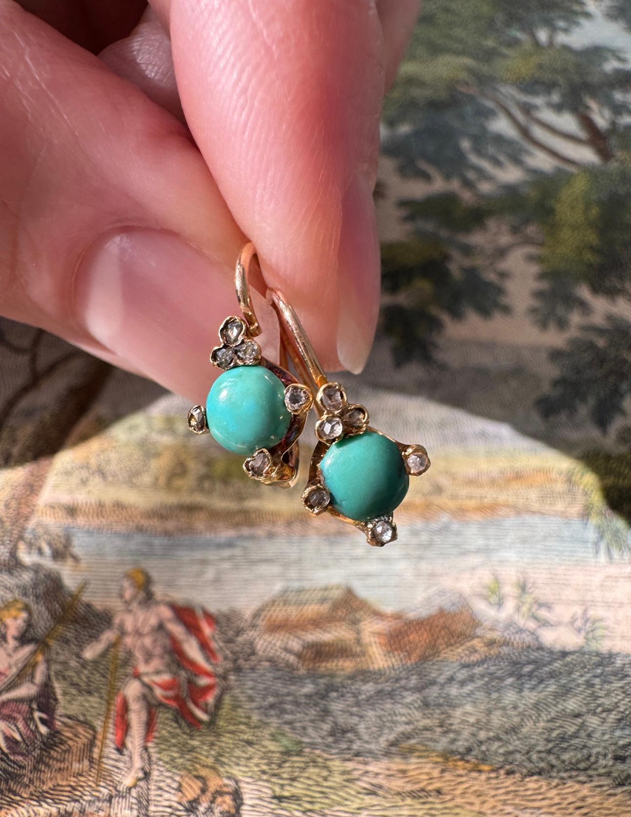 Antique 18K Turquoise and Rose Cut Diamond Dormeuse Earrings For Sale 1