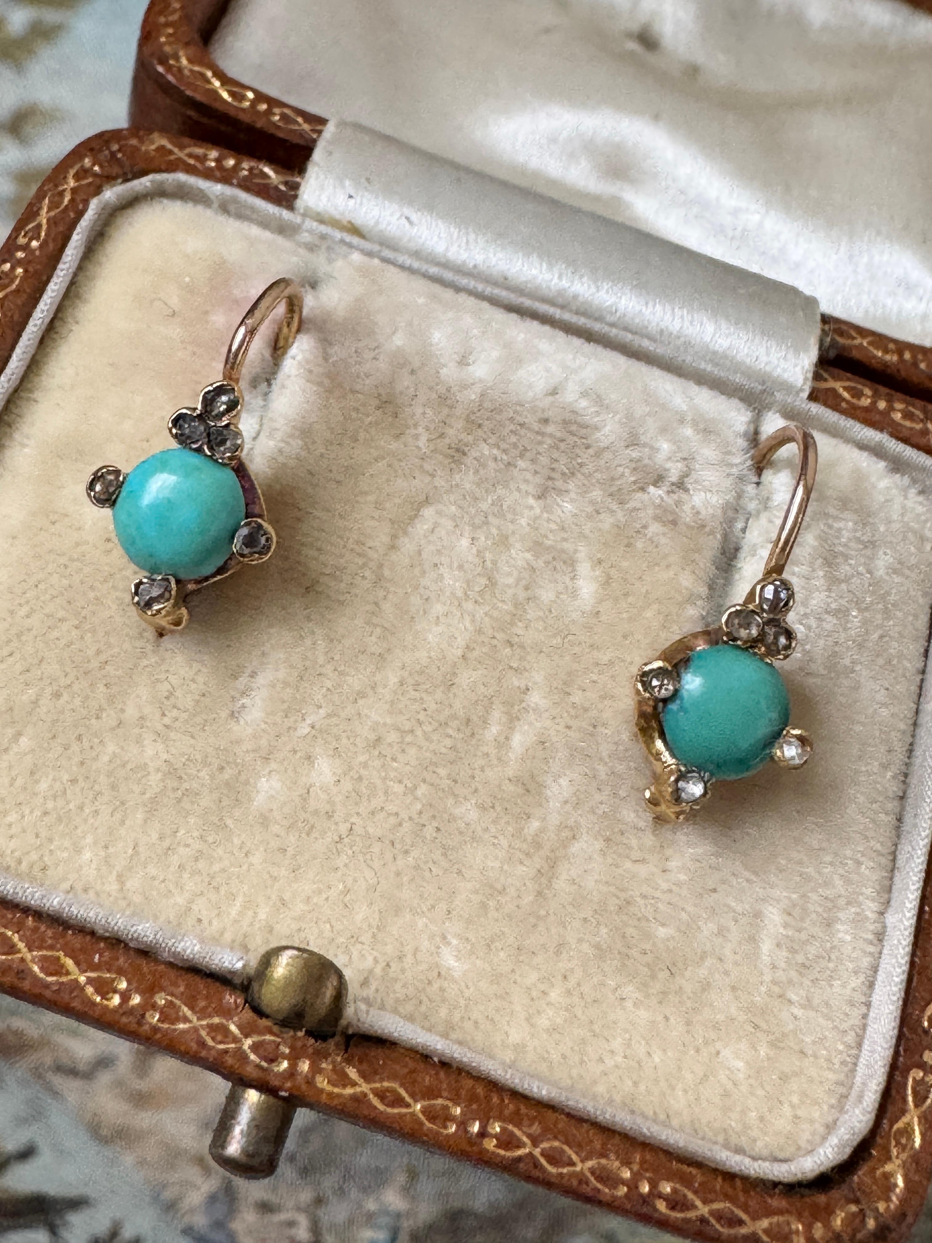Antique 18K Turquoise and Rose Cut Diamond Dormeuse Earrings For Sale 2