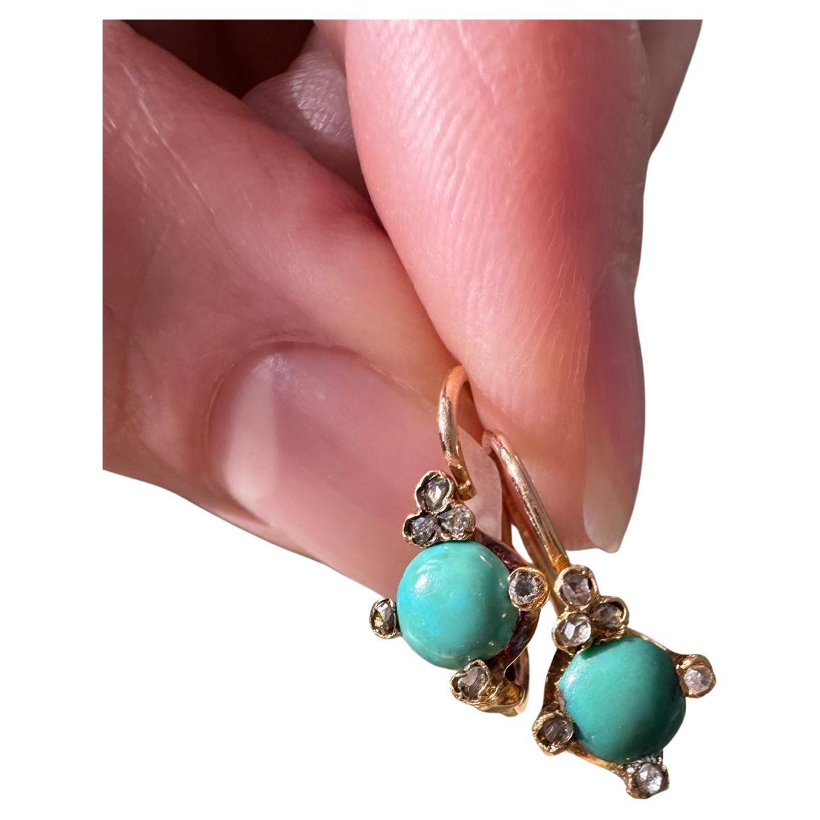 Pendientes Dormeuse antiguos de turquesa y diamantes talla rosa de 18 quilates