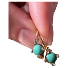 Antique 18K Turquoise and Rose Cut Diamond Dormeuse Earrings