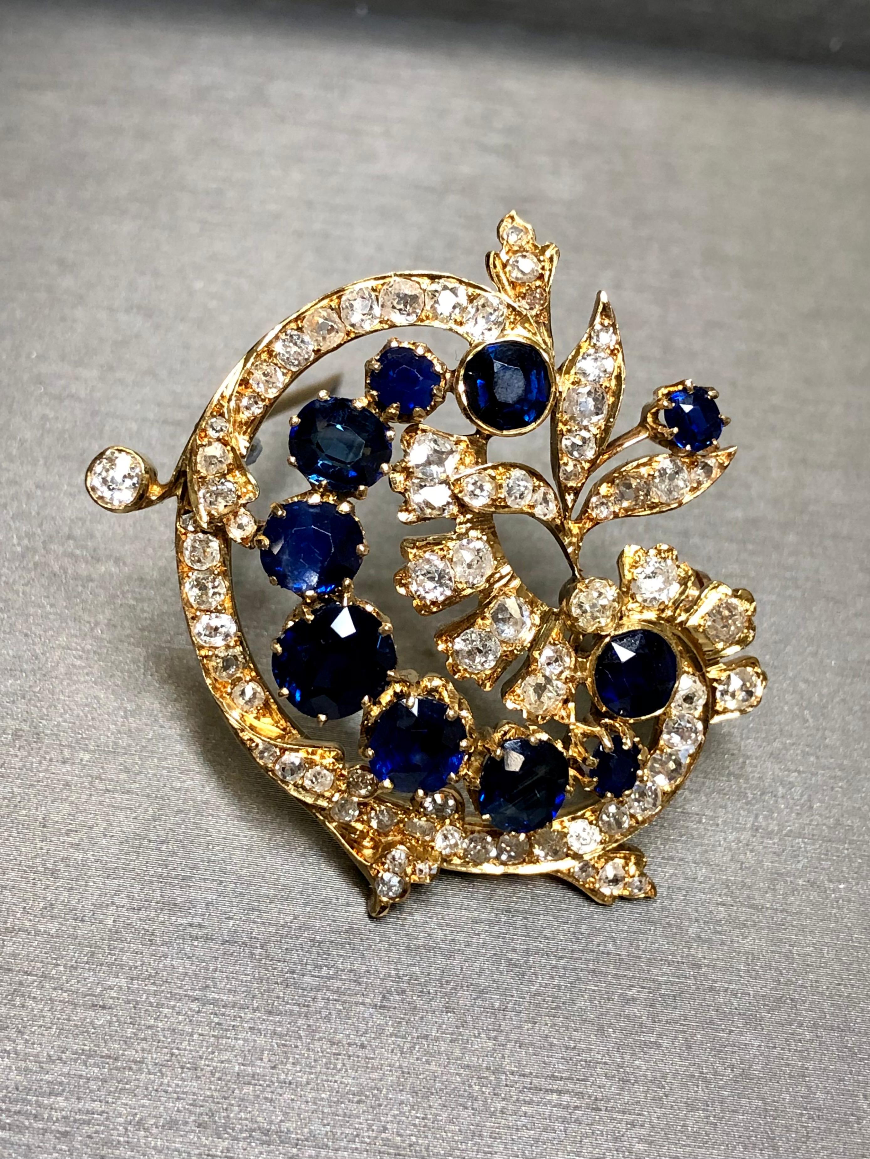 Women's or Men's Antique 18K Victorian Diamond NO HEAT Sapphire Floral Paisley Brooch Pin GIA