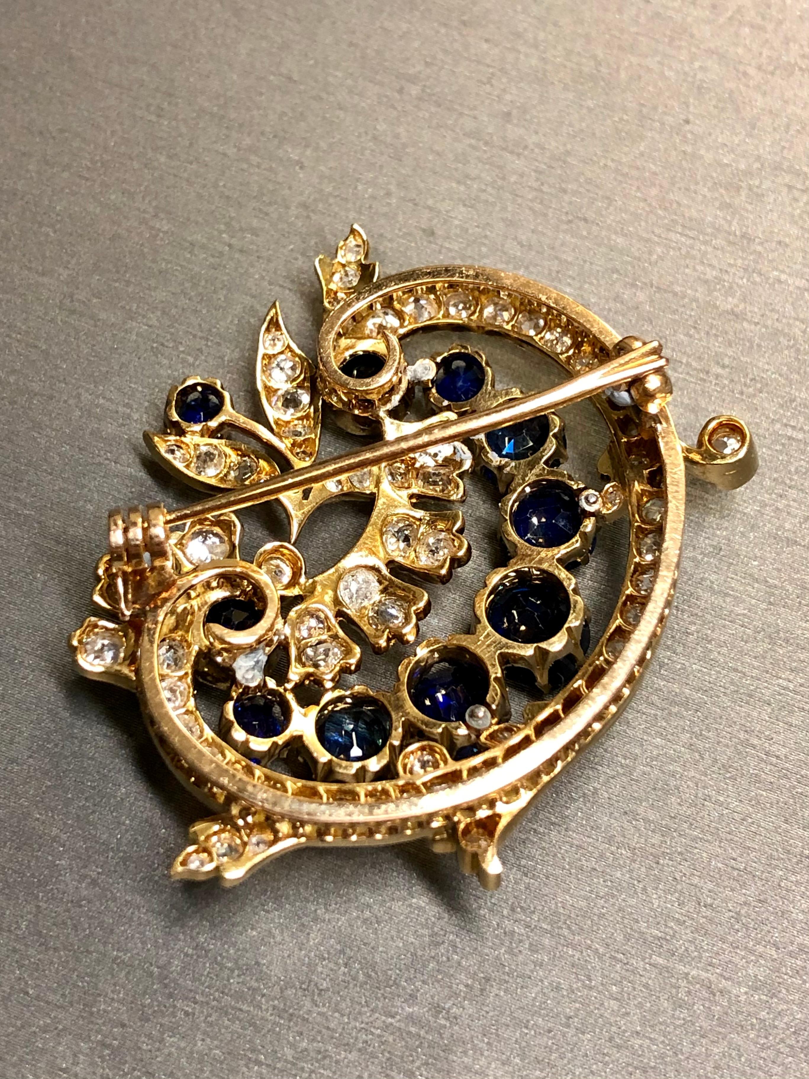 Antique 18K Victorian Diamond NO HEAT Sapphire Floral Paisley Brooch Pin GIA 4