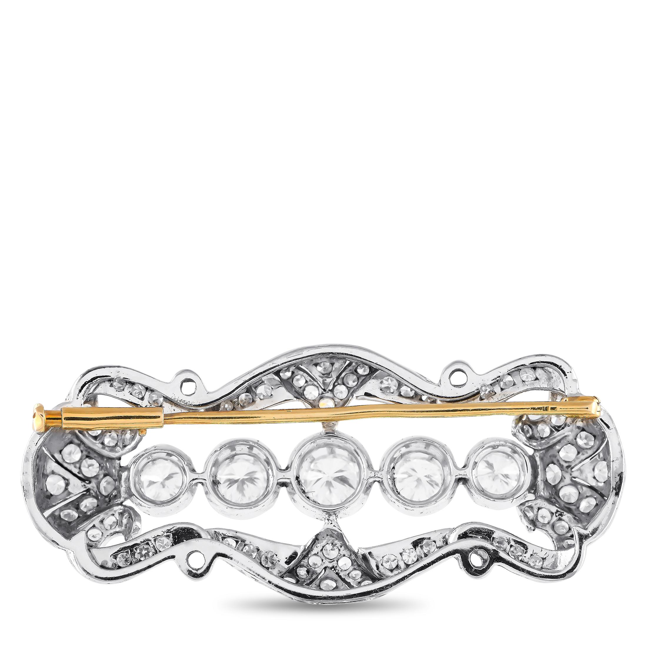 Add a touch of old fashioned elegance to any ensemble with this impeccably crafted antique brooch. Crafted from a combination of 18K white gold and 18K yellow gold, this opulent piece will sparkle and shine every time it catches the light thanks to