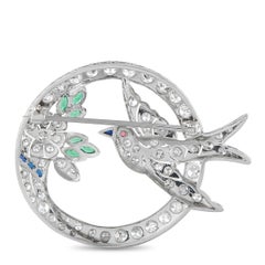 Antique 18K White Gold 2.70ct Diamond and Emerald Bird Brooch MF01-062526