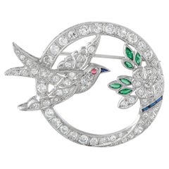 Antique 18K White Gold 2.70ct Diamond and Emerald Bird Brooch MF01-062526