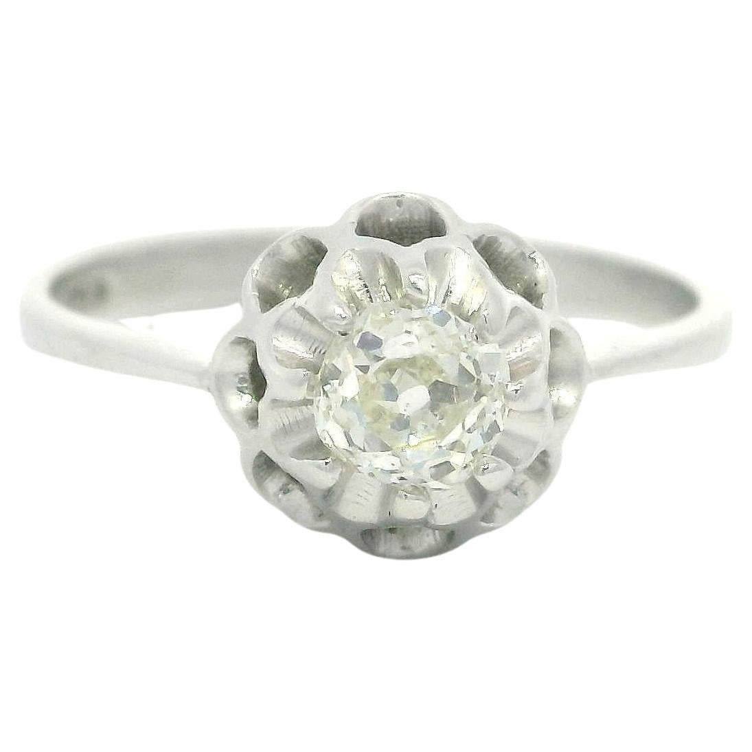 Antique 18k White Gold .37ctw Old Mine Cut Diamond Buttercup Solitaire Ring