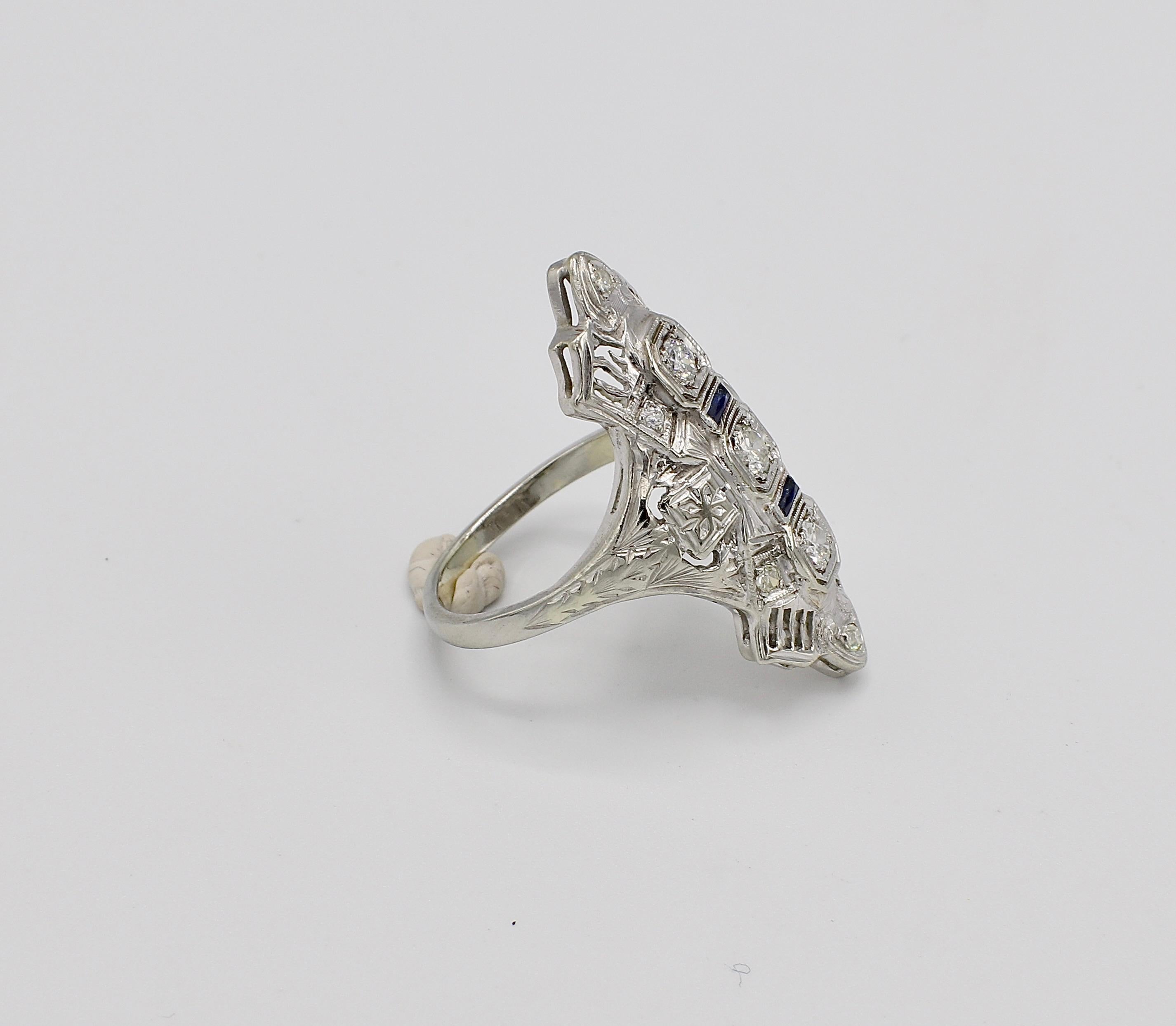 Art Deco Antique 18 Karat White Gold Natural Diamond and Sapphire Navette Cocktail Ring