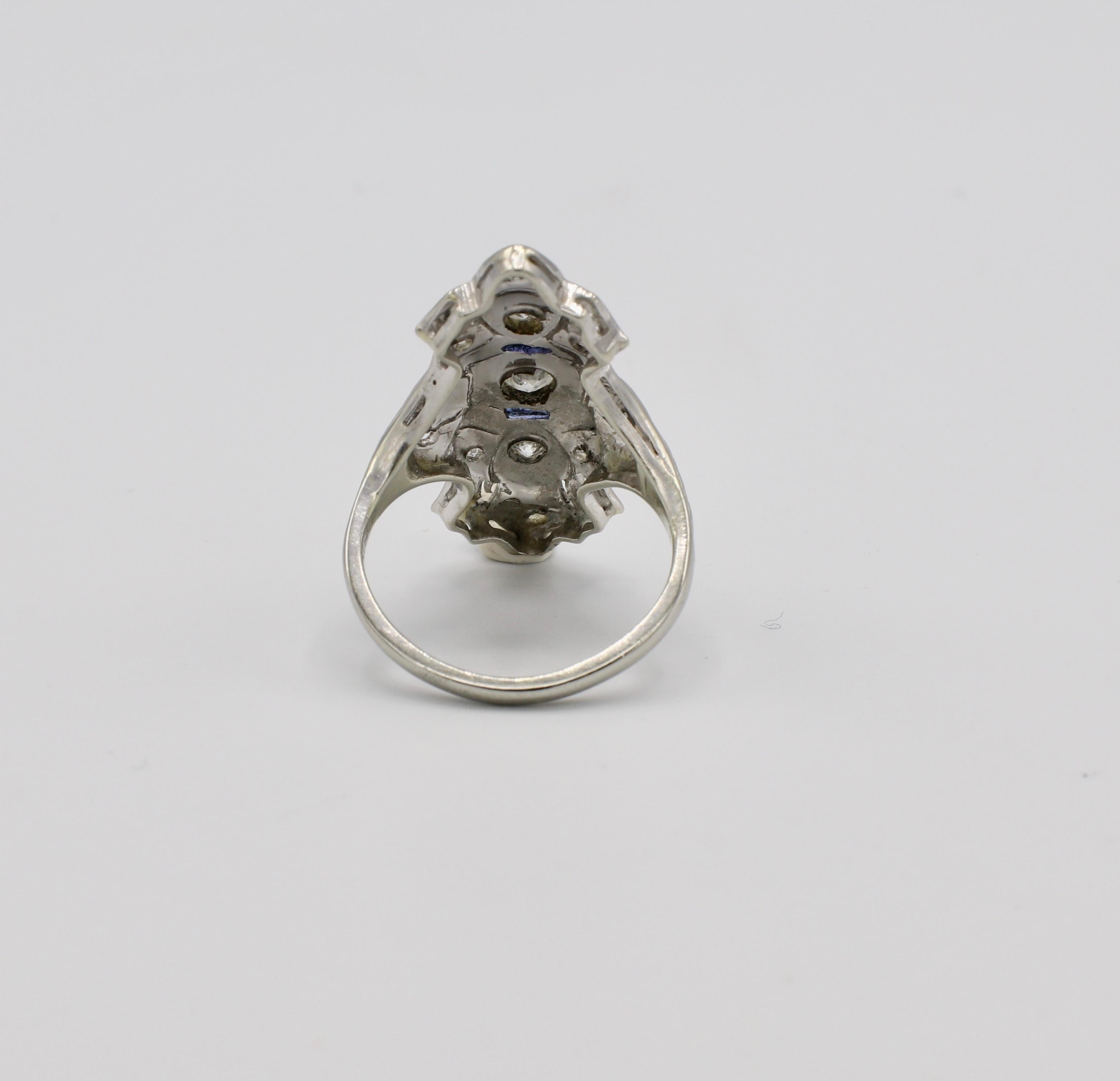 Antique 18 Karat White Gold Natural Diamond and Sapphire Navette Cocktail Ring In Good Condition In  Baltimore, MD