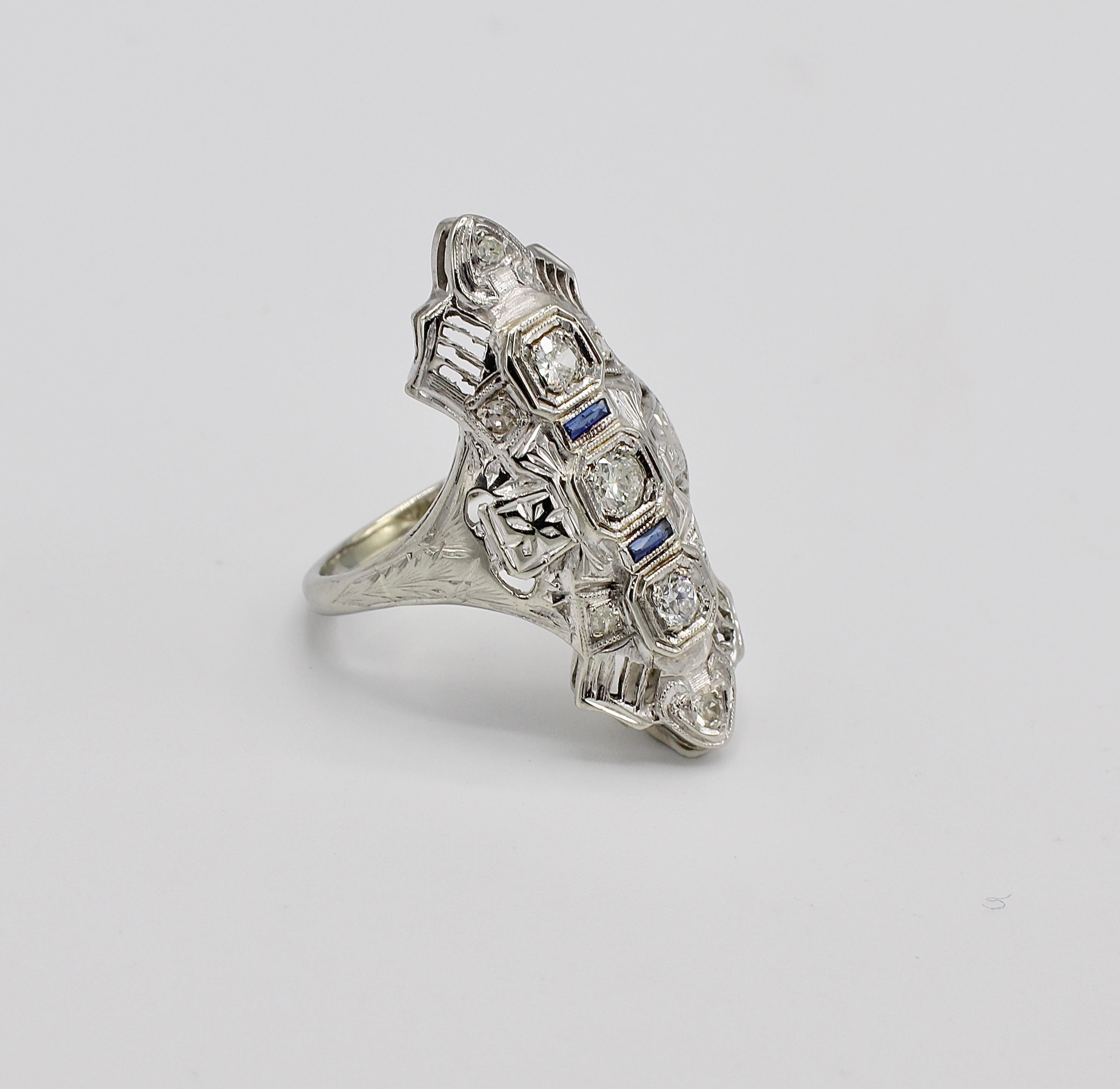 Women's or Men's Antique 18 Karat White Gold Natural Diamond and Sapphire Navette Cocktail Ring