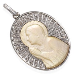 Antique 18k White Gold Mother of Pearl Cameo Diamond Pendant