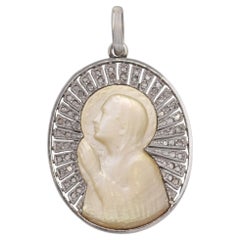 Antique 18k White Gold Mother of Pearl Cameo Diamond Pendant