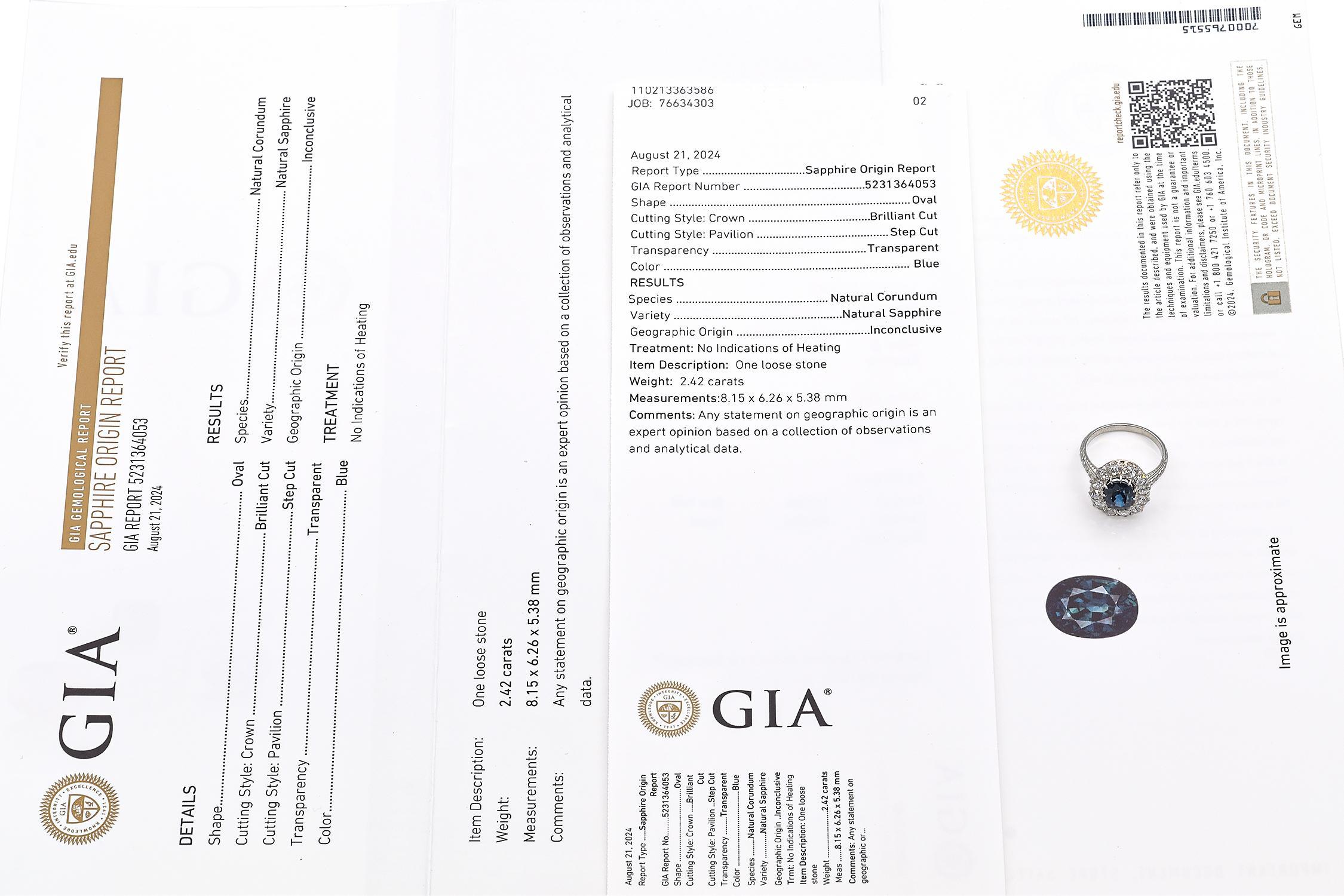Antiker Halo-Ring, 18 Karat Weißgold, unbehandelter 2,4 Karat blauer Saphir, Diamant, GIA 2