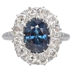 Anello antico in oro bianco 18k senza calore con diamante e zaffiro blu da 2,4 carati GIA