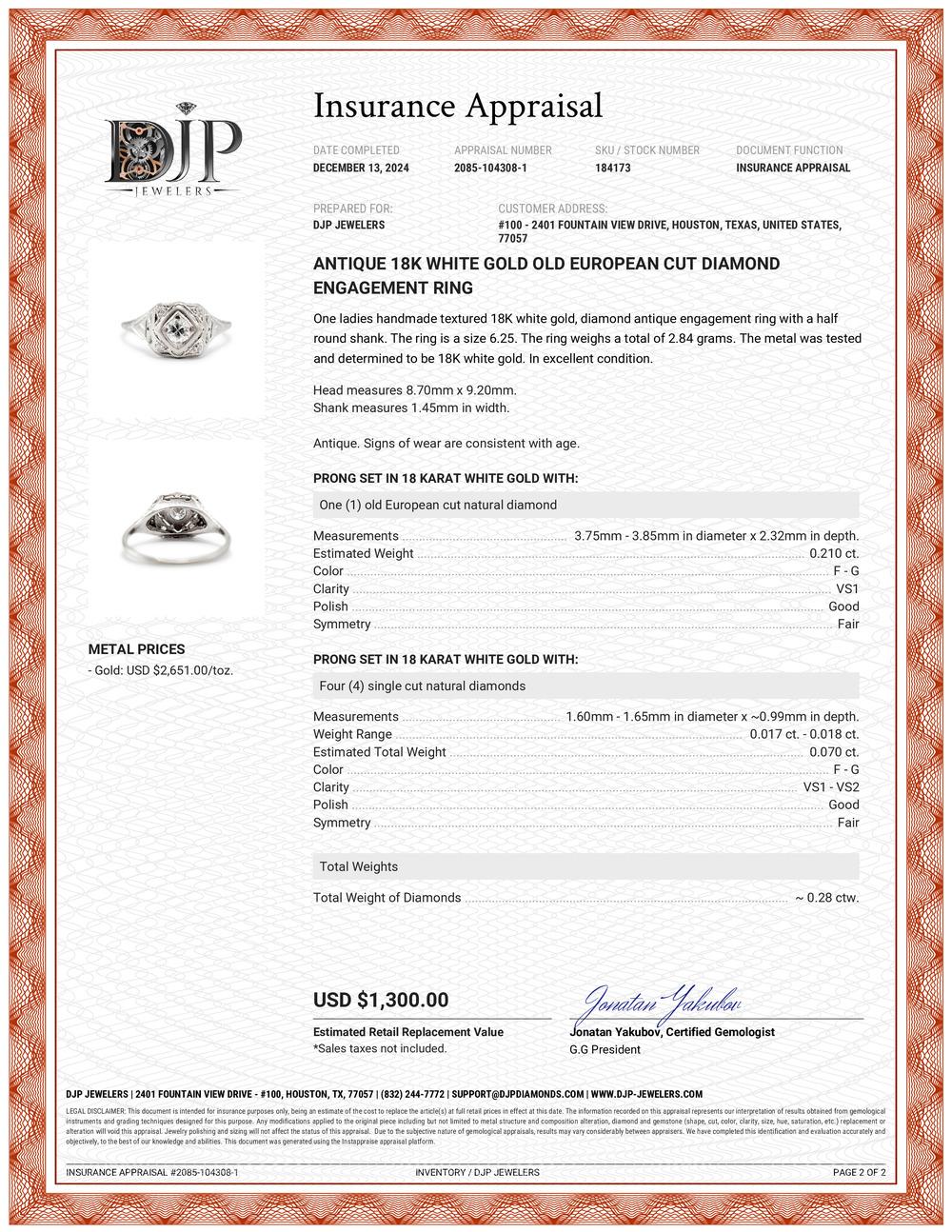 Antiker 18K Weißgold Old European Cut Diamant Verlobungsring 1