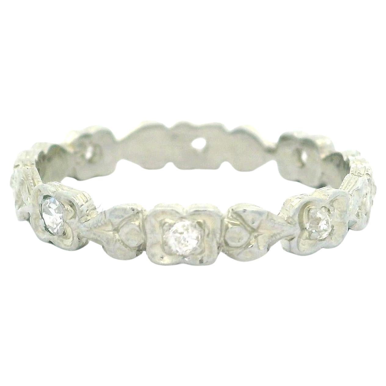Antique 18k White Gold Old European Diamond Floral Design Band Ring Size 5.5