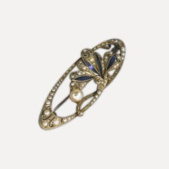 Antique 18K White Gold Pearl & Sapphire Brooch 9.8g