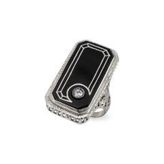 Antique 18K White Gold Rectangular Black Onyx Circular Diamond Cocktail Ring