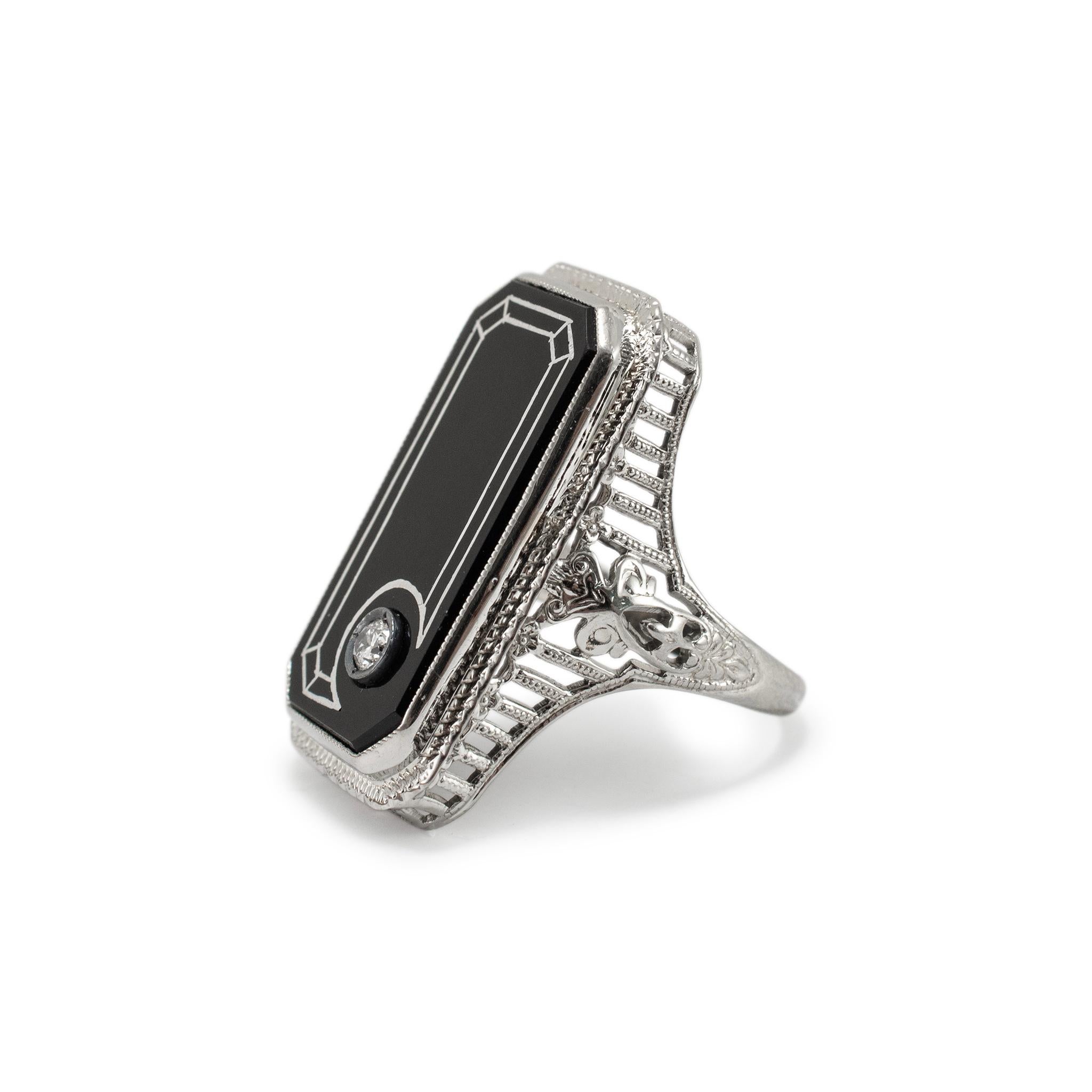 Brilliant Cut Antique 18K White Gold Rectangular Black Onyx Circular Diamond Cocktail Ring For Sale