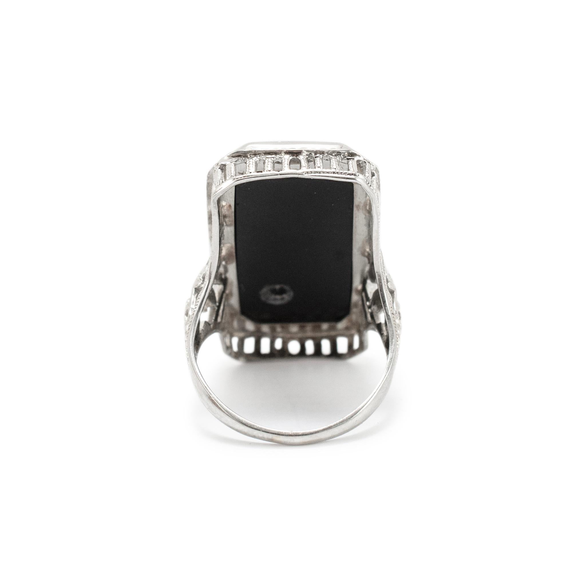 Women's Antique 18K White Gold Rectangular Black Onyx Circular Diamond Cocktail Ring For Sale